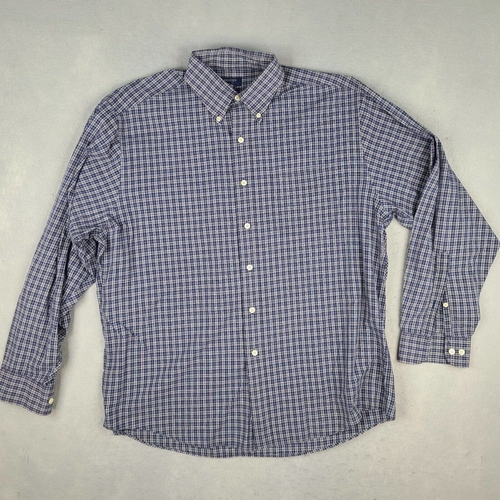 Brooks Sport Shirt Men's Large Blue White Plaid Button Down 100% Cotton‎